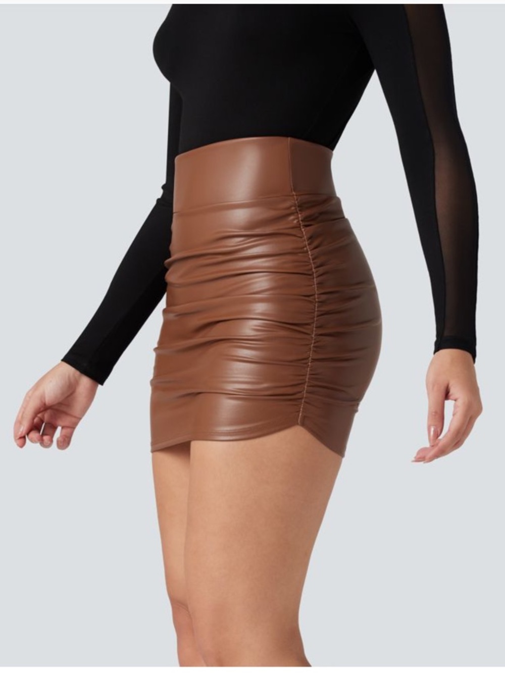 High Waisted Tummy Control Ruched Curved Hem 2-in-1 Fleece PU Mini Bodycon skirt